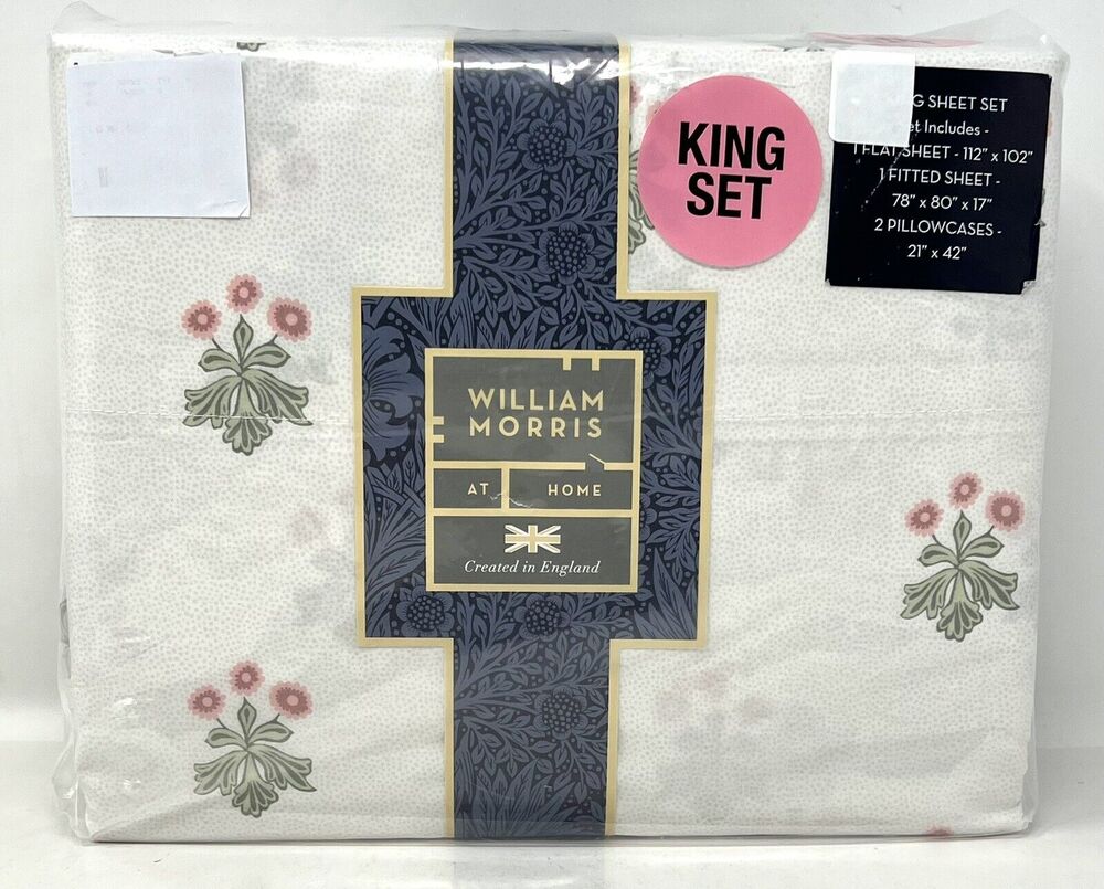 William Morris Woodland Floral Coral Pink King Sz Sheet Set Cotton Percale NIP
